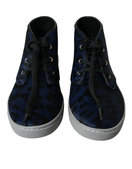Dolce & Gabbana Blue Calfskin Leopard Mid Top Sneakers Shoes Dolce & Gabbana