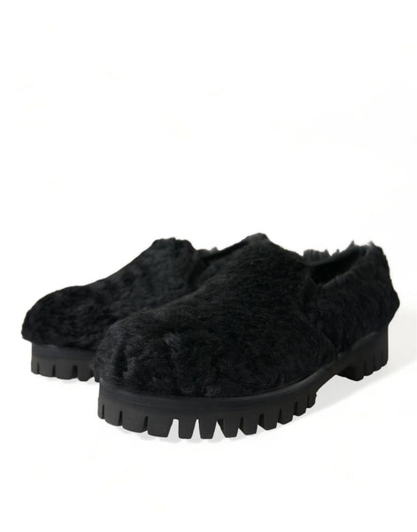 Dolce & Gabbana Black Fur Leather Slippers Dress Shoes Dolce & Gabbana