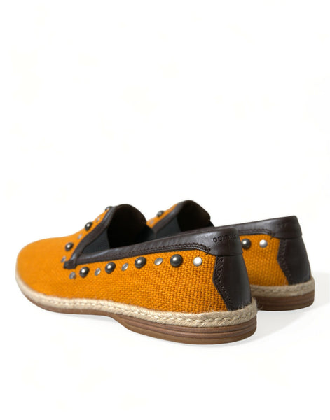 Dolce & Gabbana Orange Linen Leather Studded Loafers Shoes Dolce & Gabbana
