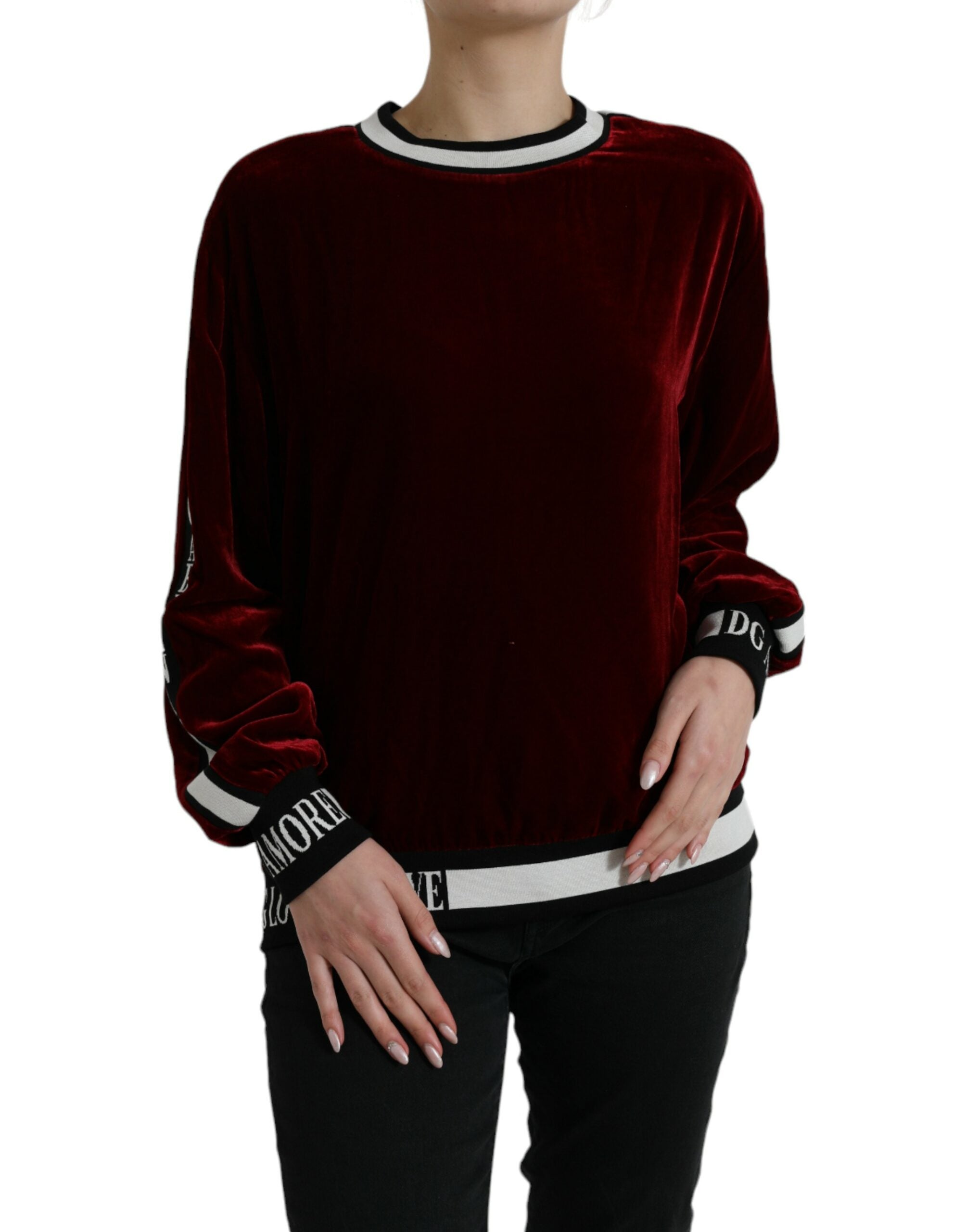 Dolce & Gabbana Bordeaux Velvet Round Neck Pullover Sweater Dolce & Gabbana