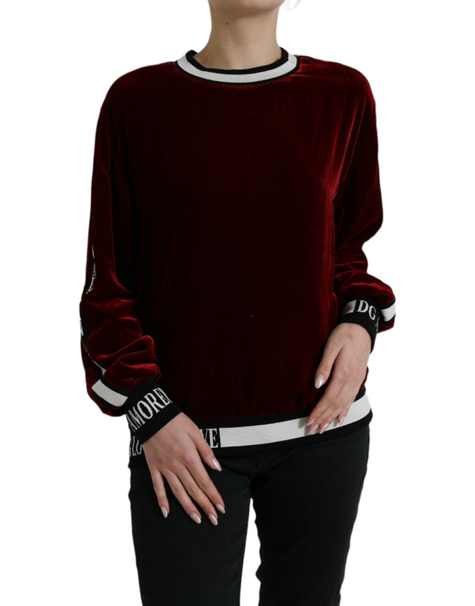 Dolce & Gabbana Bordeaux Velvet Round Neck Pullover Sweater Dolce & Gabbana