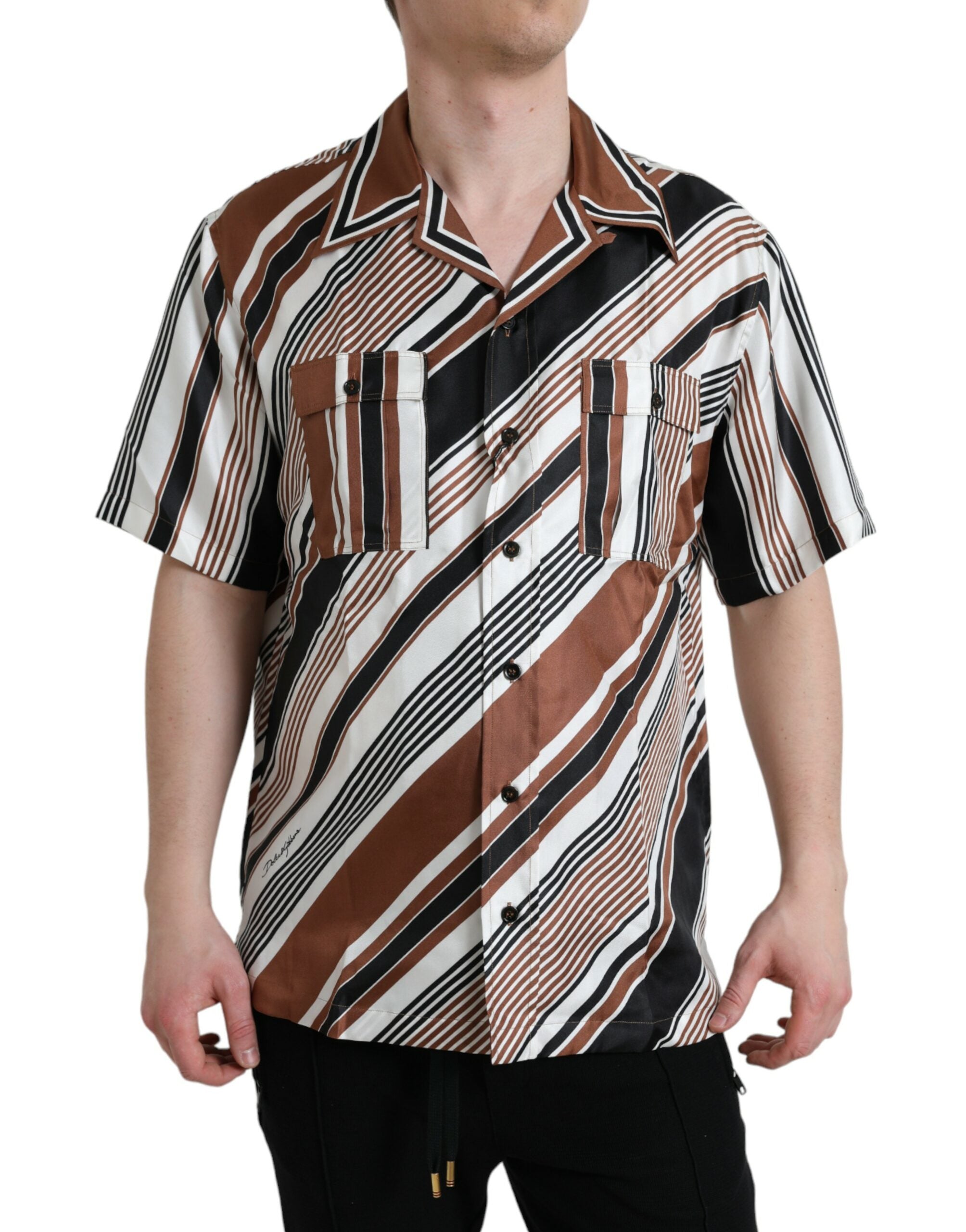 Dolce & Gabbana Brown White Silk Striped Short Sleeve Shirt Dolce & Gabbana