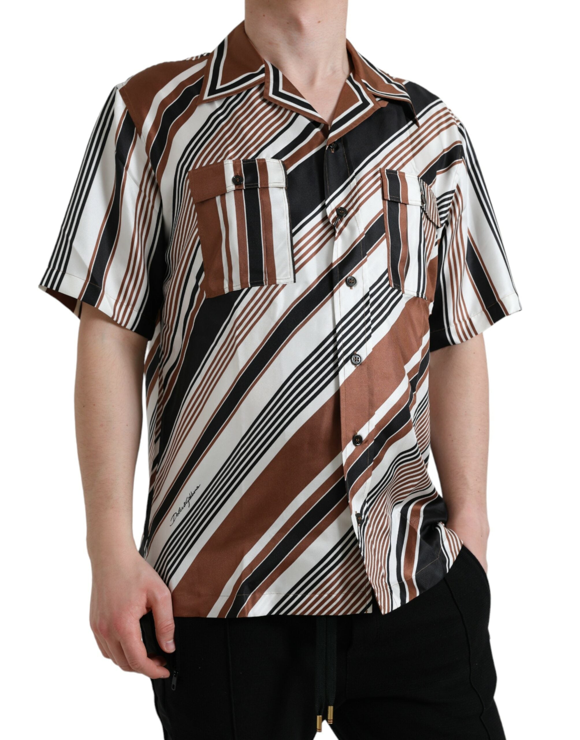 Dolce & Gabbana Brown White Silk Striped Short Sleeve Shirt Dolce & Gabbana