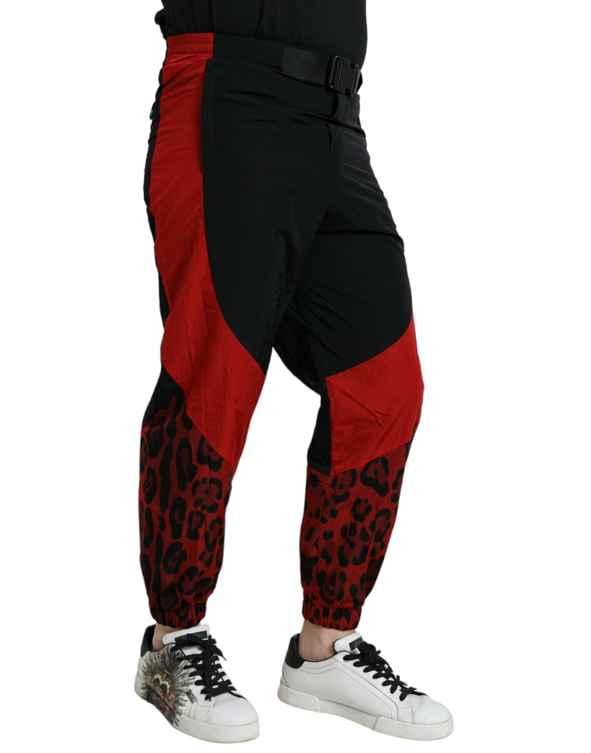 Dolce & Gabbana Black Red Leopard Print Nylon Jogger Pants Dolce & Gabbana