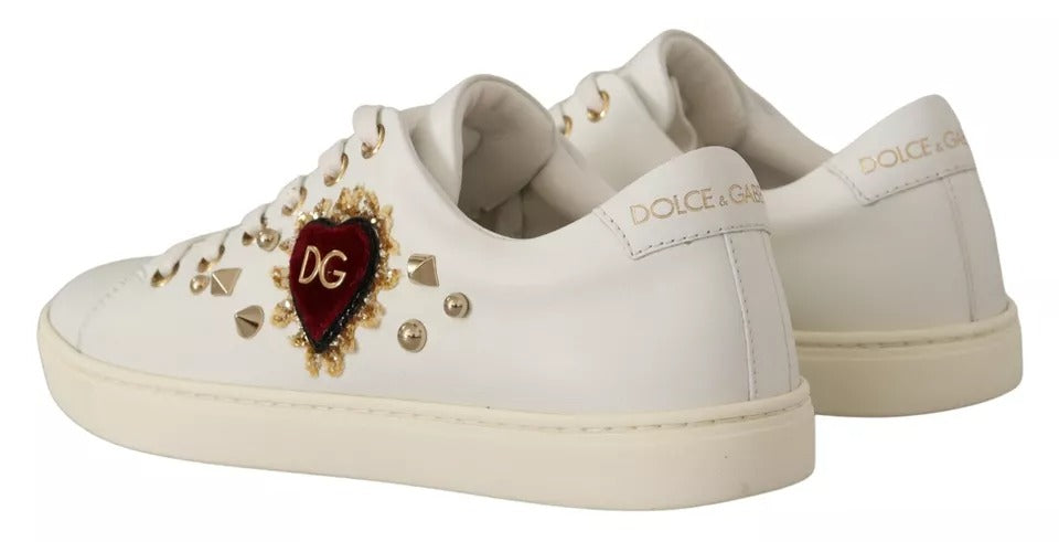Dolce & Gabbana White Leather Gold Red Heart Sneakers Shoes Dolce & Gabbana