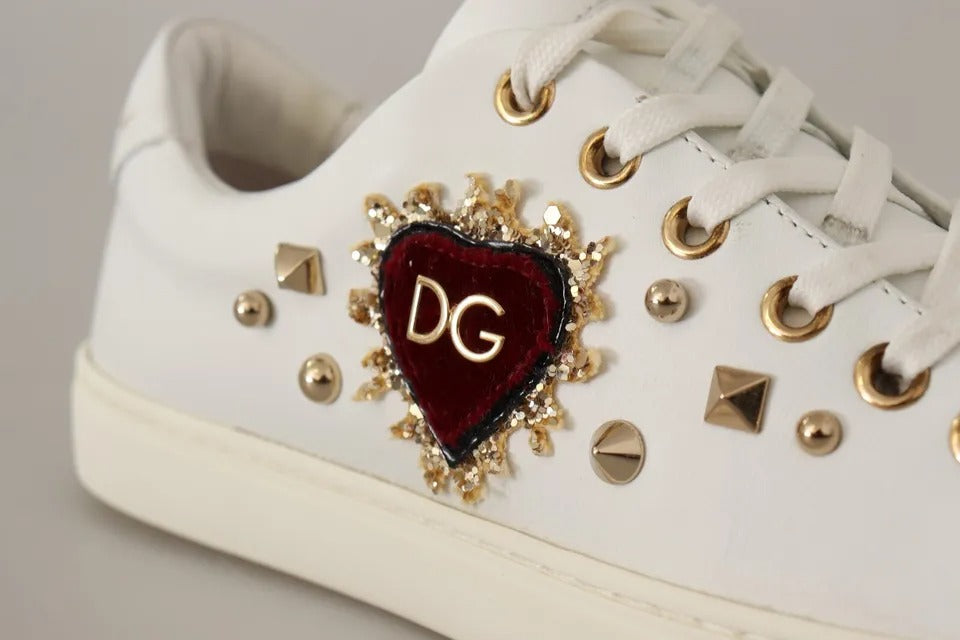 Dolce & Gabbana White Leather Gold Red Heart Sneakers Shoes Dolce & Gabbana