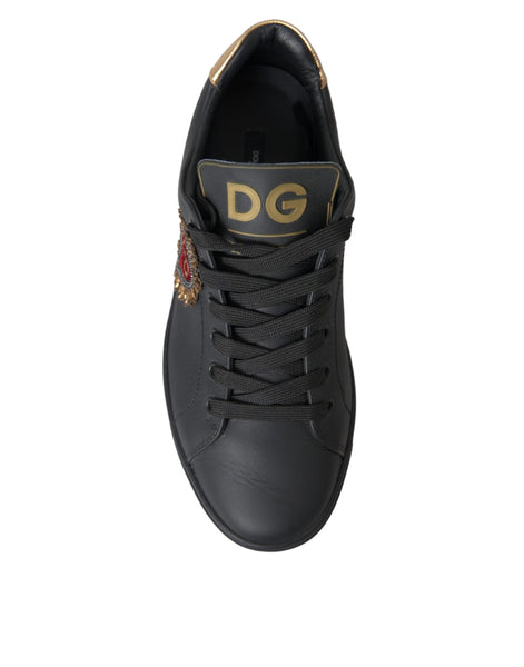 Dolce & Gabbana Black Leather Heart Embellished Sneakers Shoes Dolce & Gabbana
