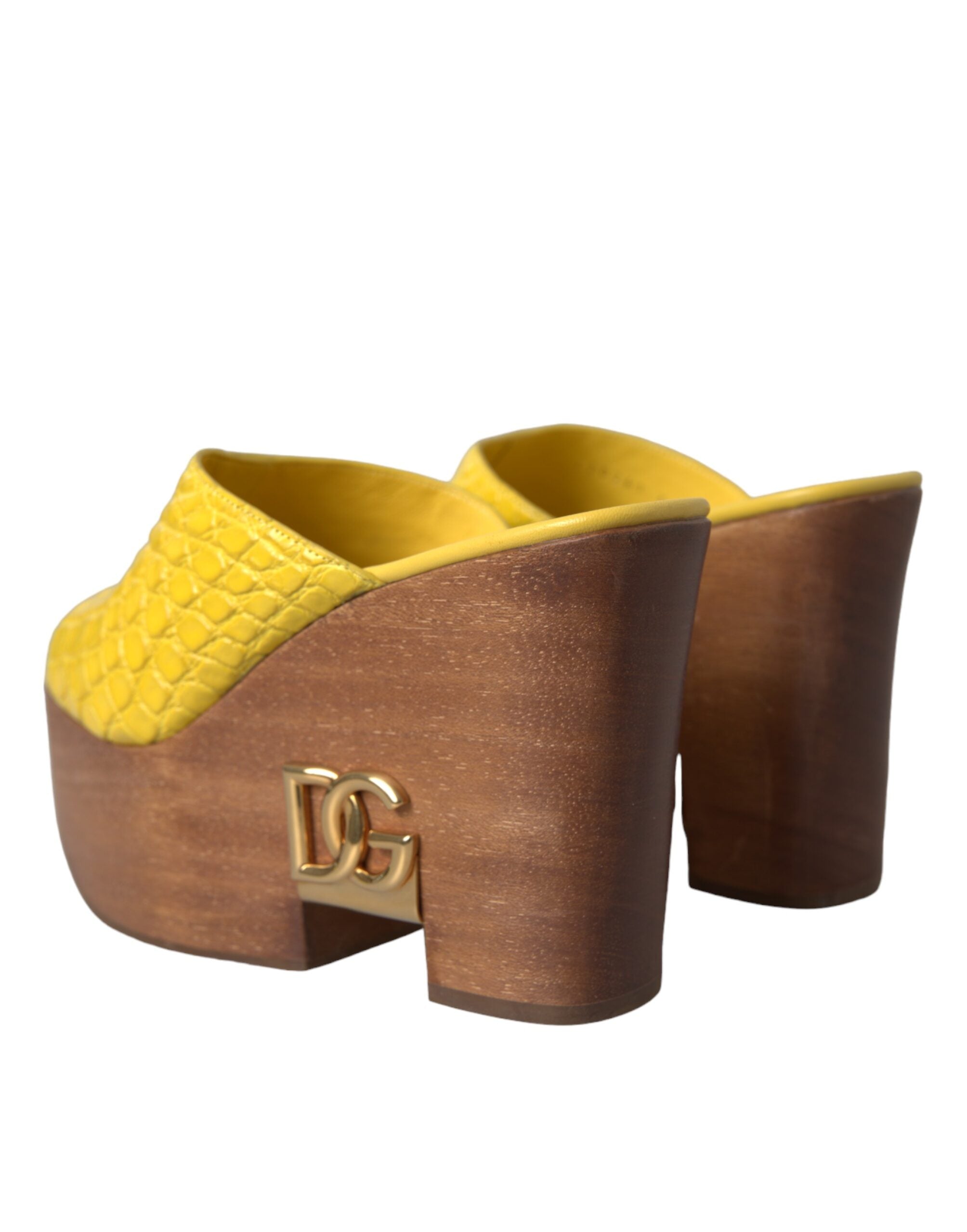 Dolce & Gabbana Yellow Leather Wood Mule Wedge Slides Shoes Dolce & Gabbana