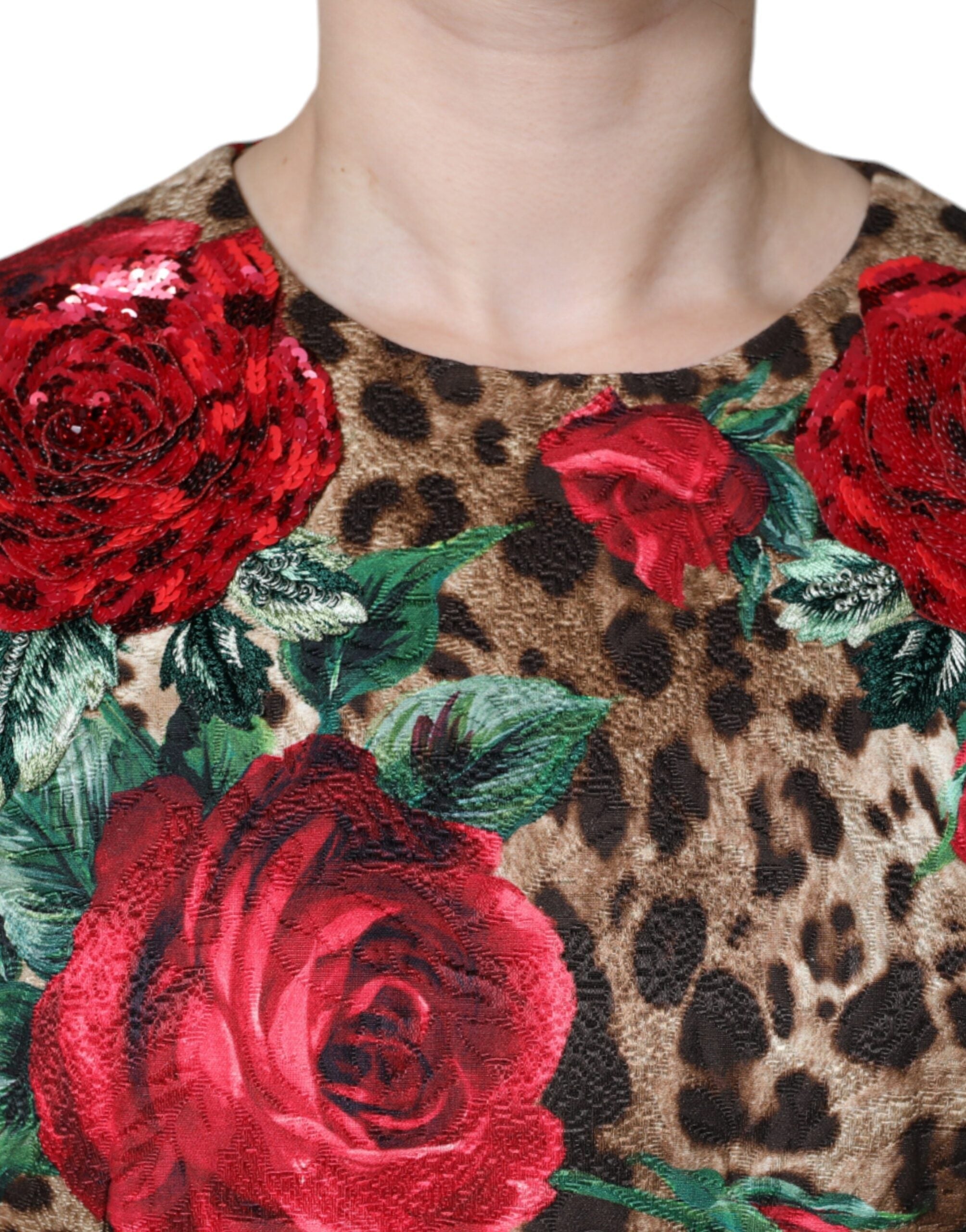 Dolce & Gabbana Brown Leopard Red Roses Cotton A-line Dress Dolce & Gabbana