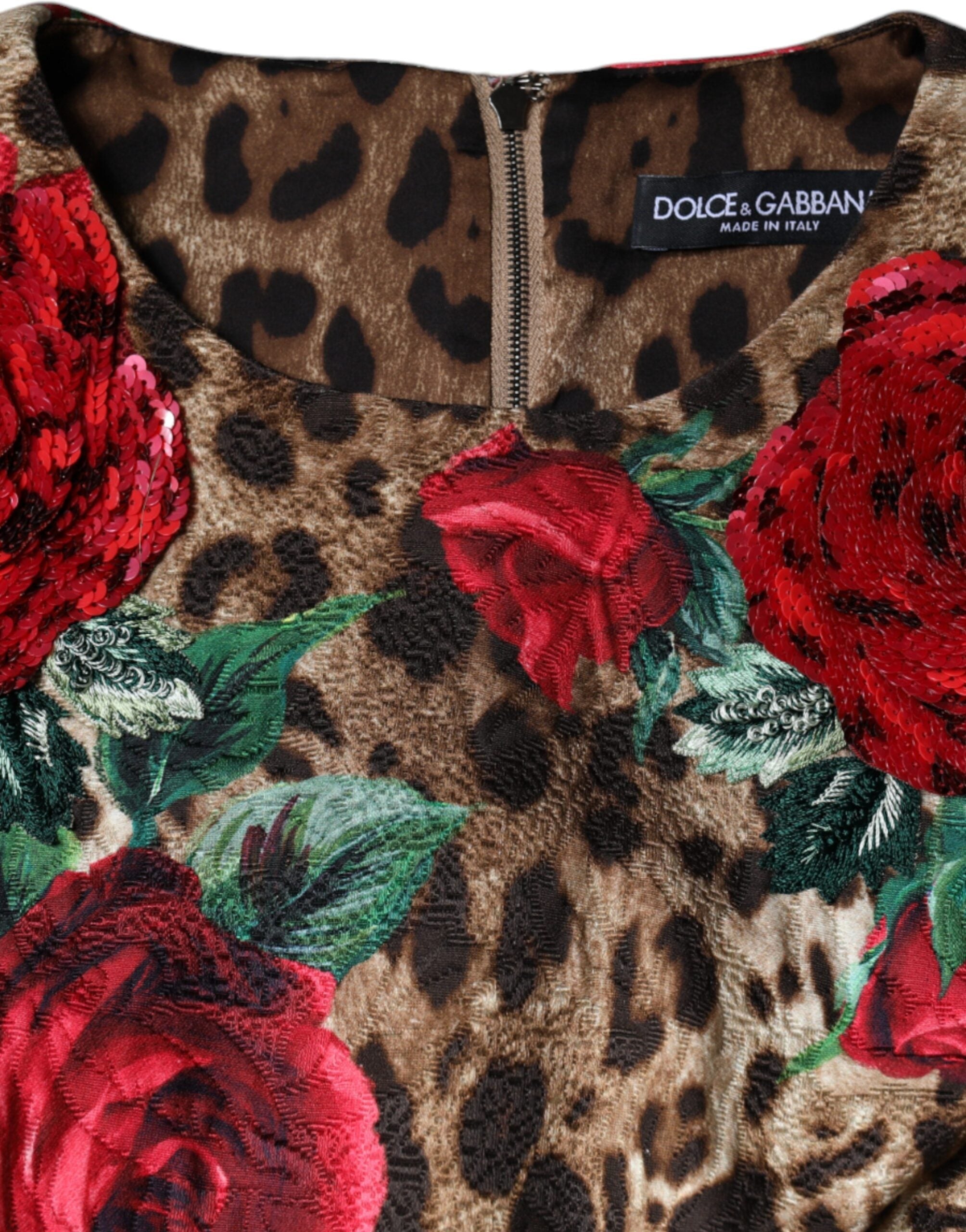 Dolce & Gabbana Brown Leopard Red Roses Cotton A-line Dress Dolce & Gabbana