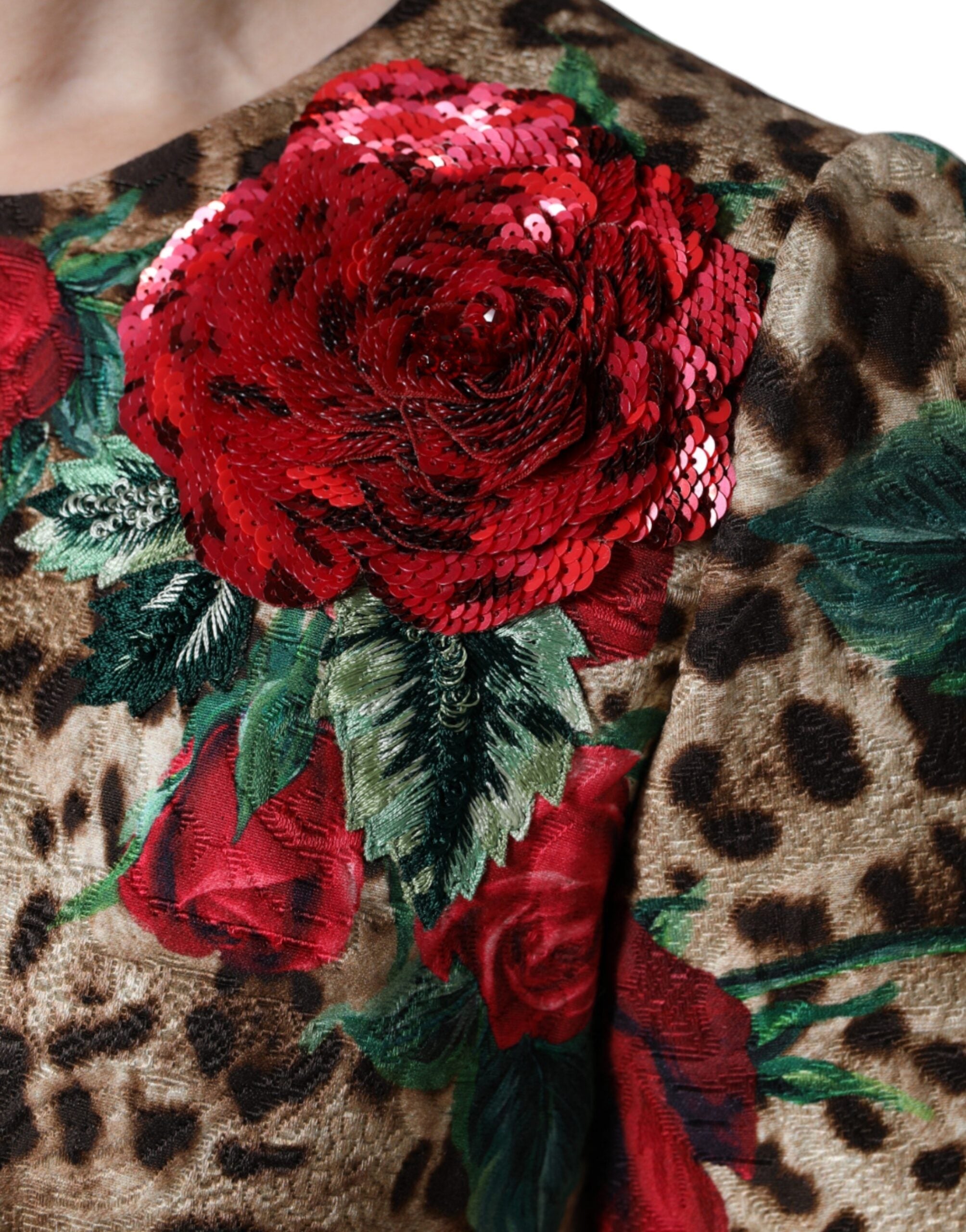 Dolce & Gabbana Brown Leopard Red Roses Cotton A-line Dress Dolce & Gabbana