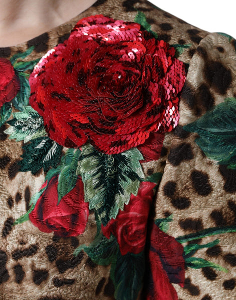 Dolce & Gabbana Brown Leopard Red Roses Cotton A-line Dress Dolce & Gabbana
