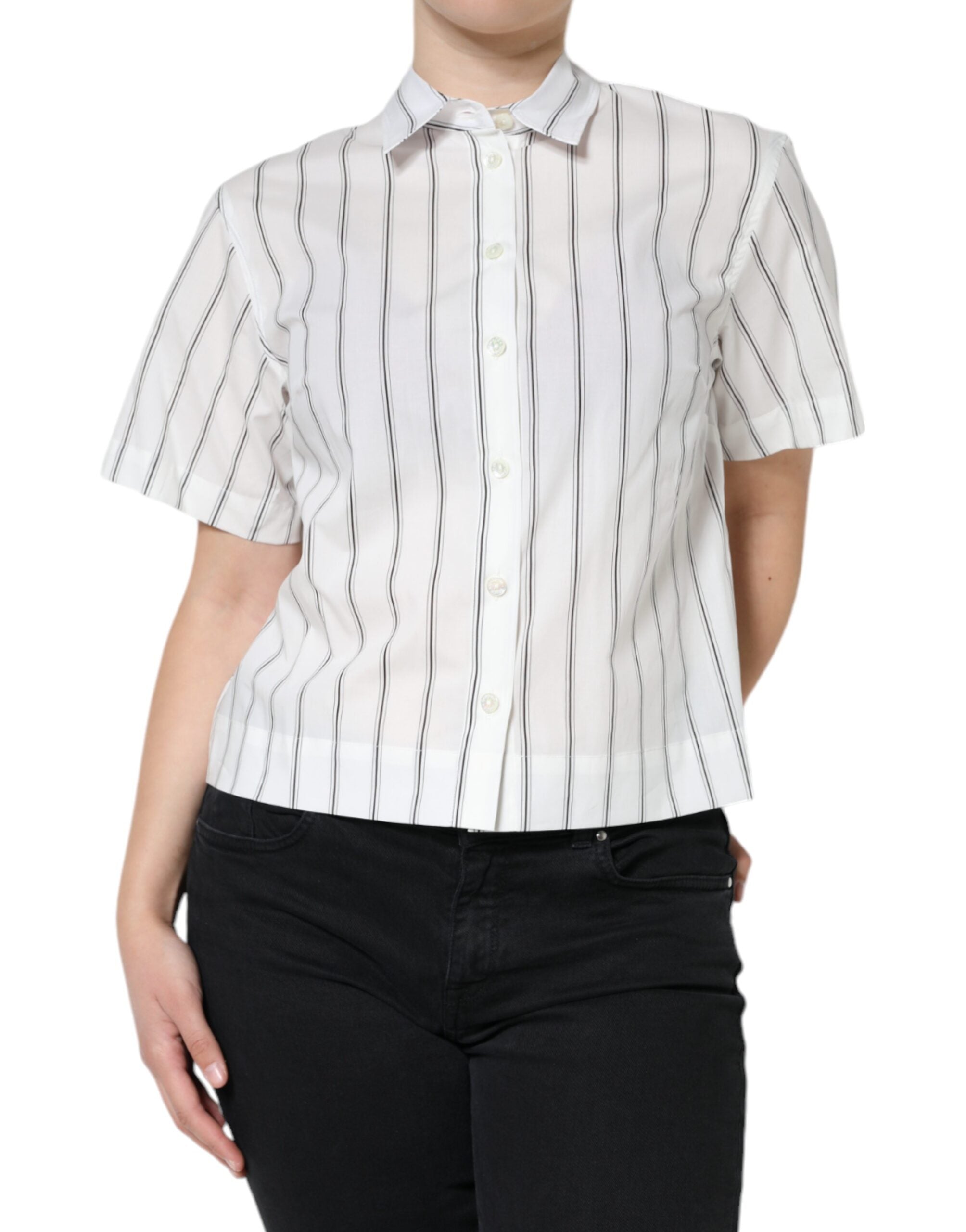 Dolce & Gabbana White Striped Collared Short Sleeve Polo Top Dolce & Gabbana