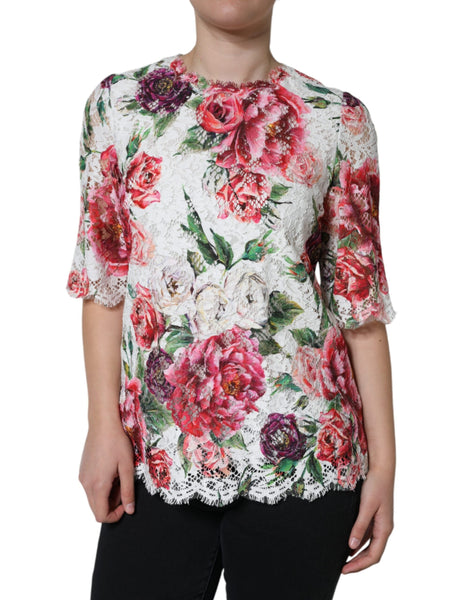 Dolce & Gabbana White Peony Lace Short Sleeves Blouse Top Dolce & Gabbana