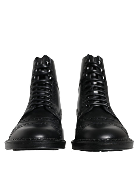 Dolce & Gabbana Black Leather Lace Up Mid Calf Boots Shoes Dolce & Gabbana