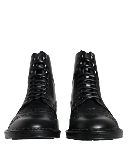 Dolce & Gabbana Black Leather Lace Up Mid Calf Boots Shoes Dolce & Gabbana