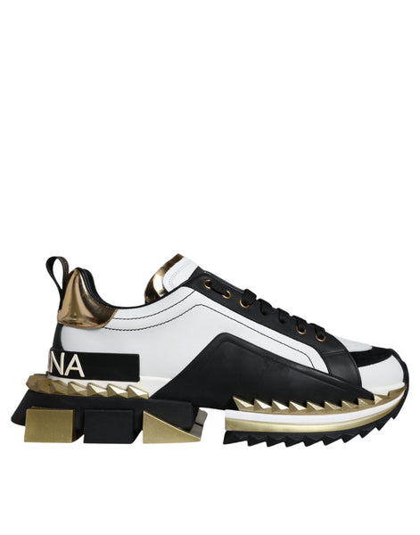 Dolce & Gabbana White Gold Black Leather SUPER KING Sneakers Shoes Dolce & Gabbana
