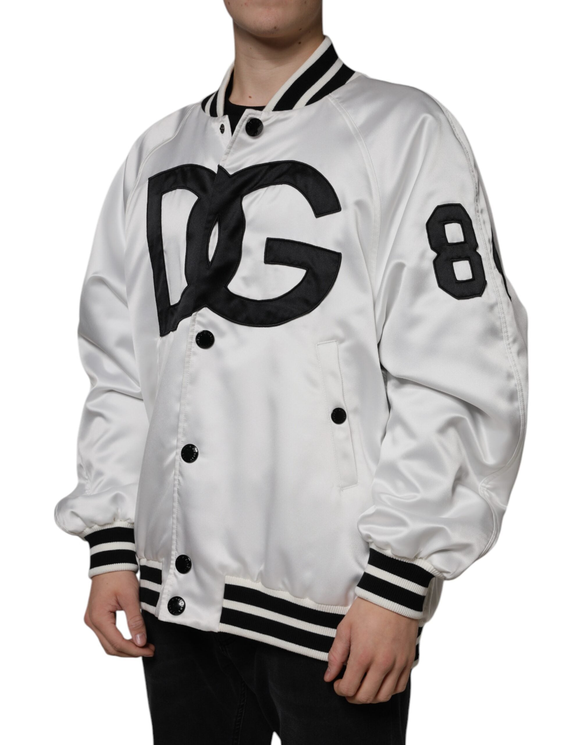 Dolce & Gabbana White Polyester Logo Full Zip Bomber Jacket Dolce & Gabbana