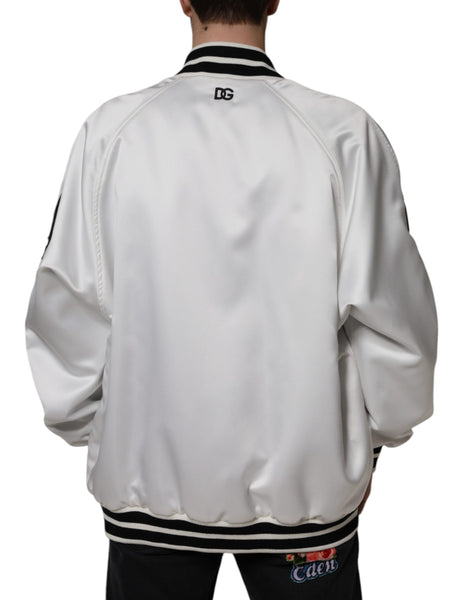 Dolce & Gabbana White Polyester Logo Full Zip Bomber Jacket Dolce & Gabbana