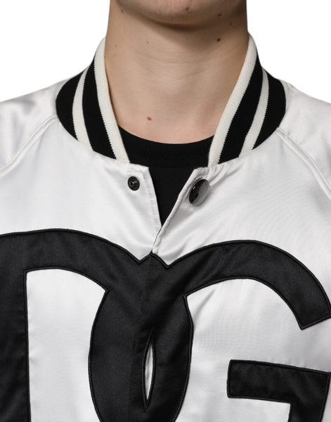 Dolce & Gabbana White Polyester Logo Full Zip Bomber Jacket Dolce & Gabbana