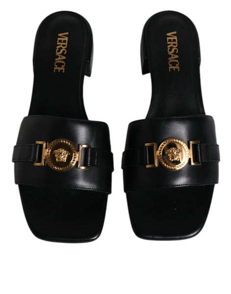 Versace Black Leather Logo Plaque Slip On Slides Flats Shoes Versace