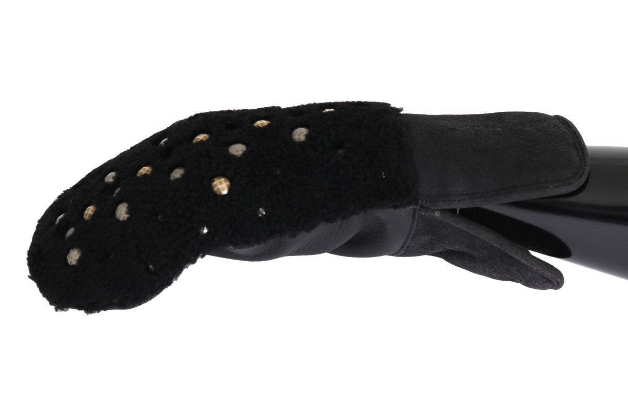 Dolce & Gabbana Black Leather Shearling Studded Gloves Dolce & Gabbana