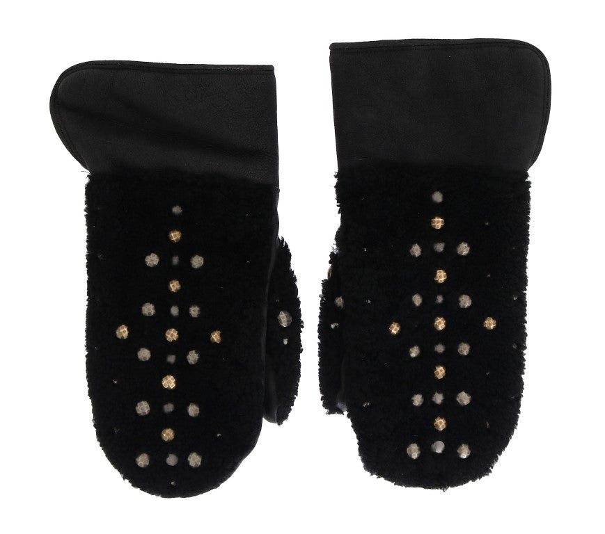 Dolce & Gabbana Black Leather Shearling Studded Gloves Dolce & Gabbana