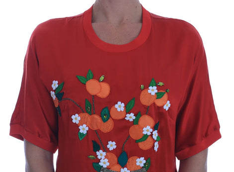 Dolce & Gabbana Red Silk Oranges Floral Crystal Blouse Dolce & Gabbana