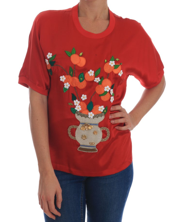 Dolce & Gabbana Red Silk Oranges Floral Crystal Blouse Dolce & Gabbana