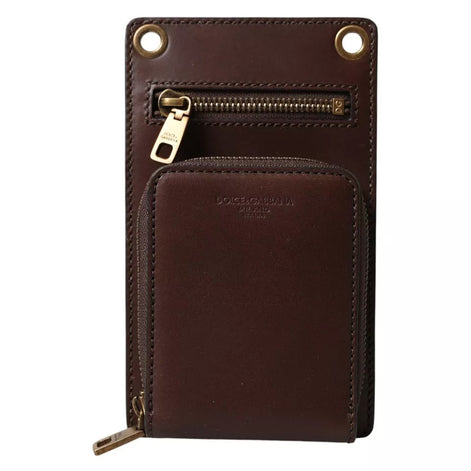 Dolce & Gabbana Brown Calf Leather Zip Logo Shoulder Neck Strap Wallet Dolce & Gabbana