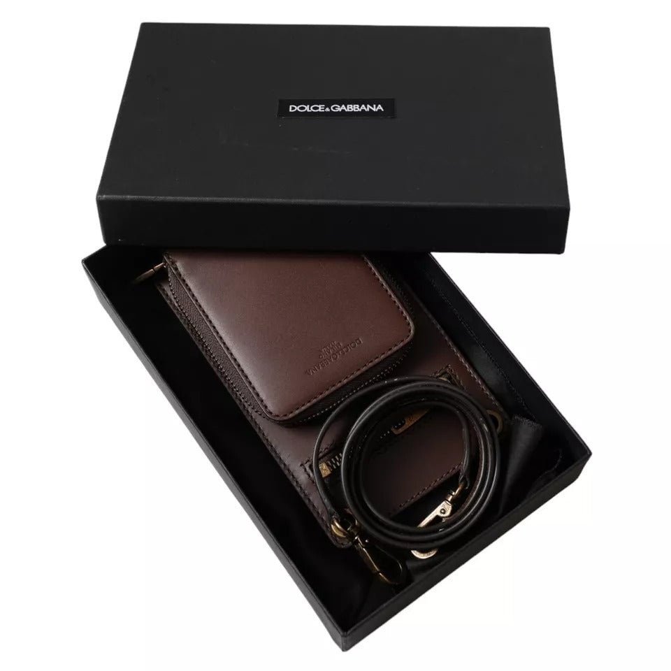 Dolce & Gabbana Brown Calf Leather Zip Logo Shoulder Neck Strap Wallet Dolce & Gabbana