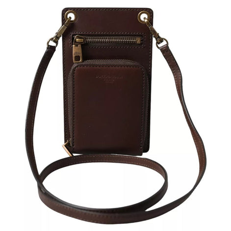 Dolce & Gabbana Brown Calf Leather Zip Logo Shoulder Neck Strap Wallet Dolce & Gabbana