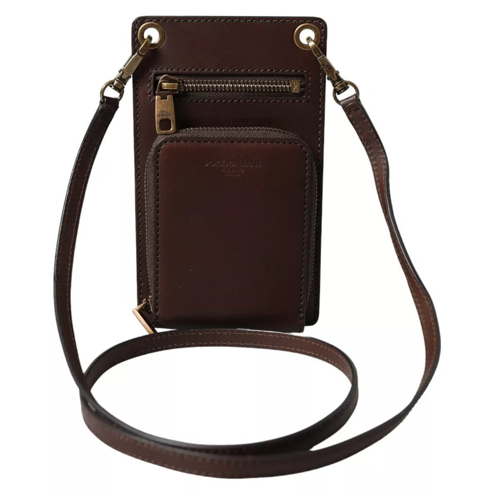 Dolce & Gabbana Brown Calf Leather Zip Logo Shoulder Neck Strap Wallet Dolce & Gabbana