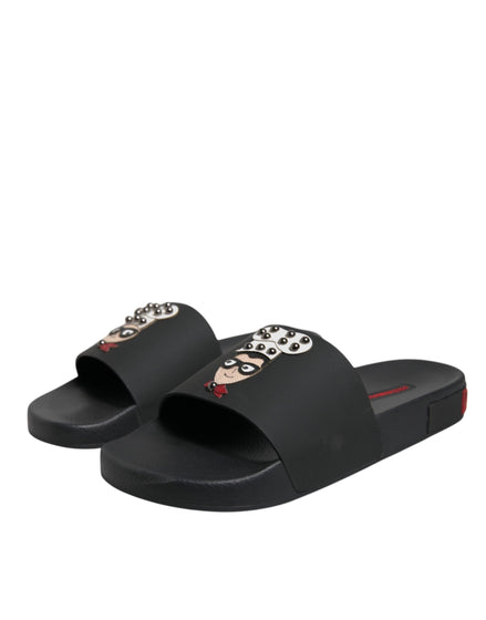 Dolce & Gabbana Black Leather Slides Sandals Beachwear Shoes Dolce & Gabbana