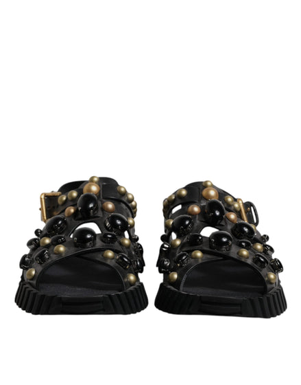 Dolce & Gabbana Black Leather Studded Slides Sandals Shoes Dolce & Gabbana