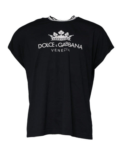 Dolce & Gabbana Dark Blue Logo Crown Cotton Crew Neck T-shirt Dolce & Gabbana
