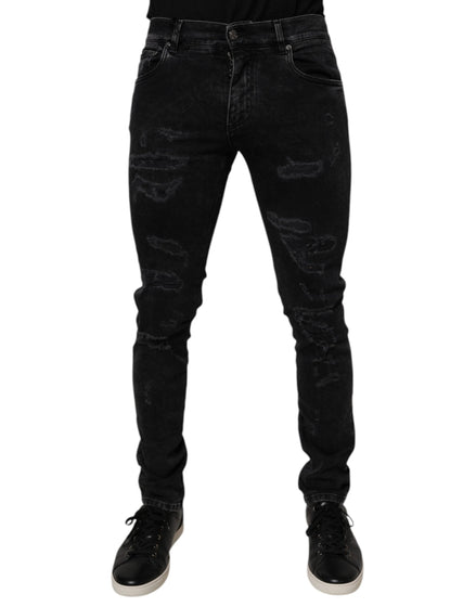Dolce & Gabbana Black Tattered Cotton Skinny Men Denim Jeans Dolce & Gabbana
