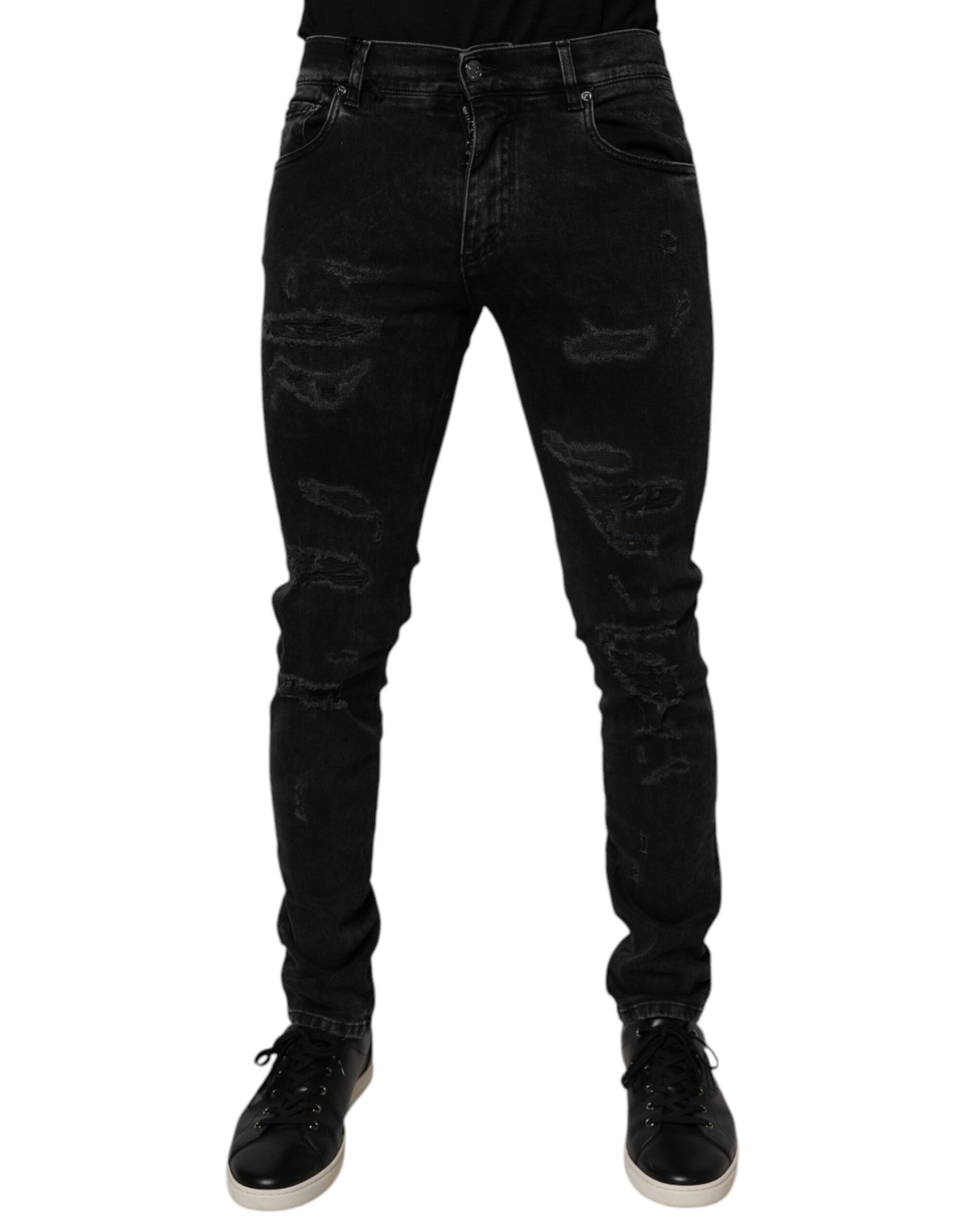 Dolce & Gabbana Black Tattered Cotton Skinny Men Denim Jeans Dolce & Gabbana