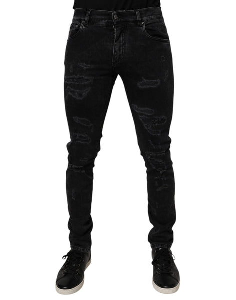 Dolce & Gabbana Black Tattered Cotton Skinny Men Denim Jeans Dolce & Gabbana