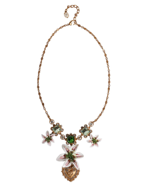 Dolce & Gabbana Gold Brass Lily Crystal Sacred Heart Pendant Necklace Dolce & Gabbana