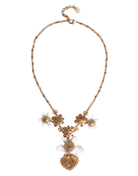 Dolce & Gabbana Gold Brass Lily Crystal Sacred Heart Pendant Necklace Dolce & Gabbana