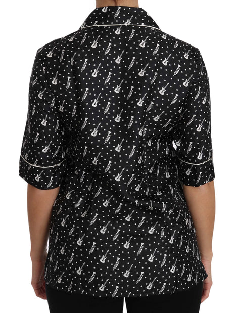 Dolce & Gabbana Black GuitarTrumpet Print Silk Shirt Top Dolce & Gabbana