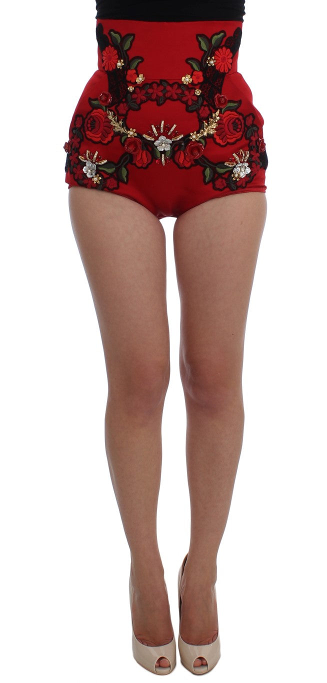 Dolce & Gabbana Red Silk Crystal Roses Shorts Dolce & Gabbana