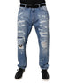 Dolce & Gabbana Blue Tattered Straight Cotton Denim Jeans Dolce & Gabbana