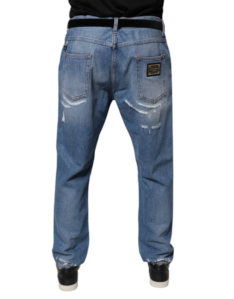 Dolce & Gabbana Blue Tattered Straight Cotton Denim Jeans Dolce & Gabbana