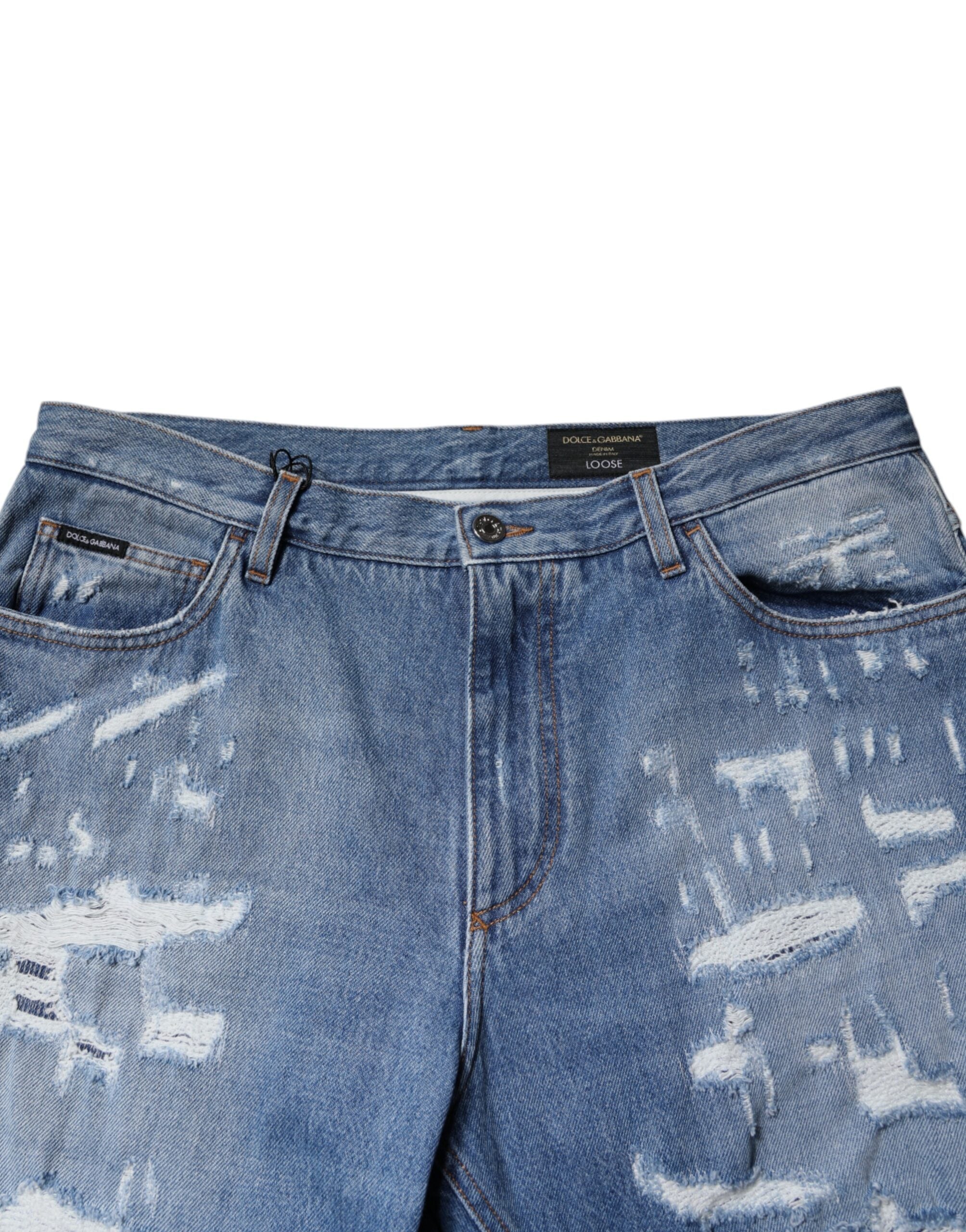 Dolce & Gabbana Blue Tattered Straight Cotton Denim Jeans Dolce & Gabbana