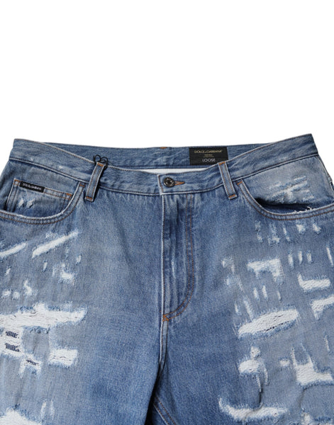 Dolce & Gabbana Blue Tattered Straight Cotton Denim Jeans Dolce & Gabbana