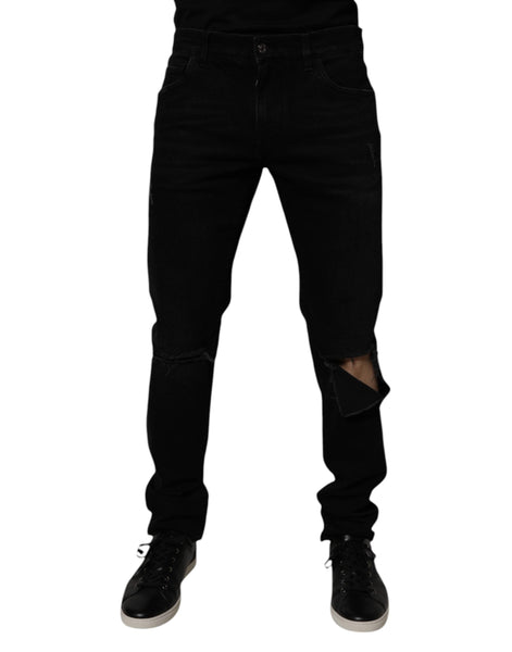 Dolce & Gabbana Black Cotton Tattered Skinny Men Denim Jeans Dolce & Gabbana