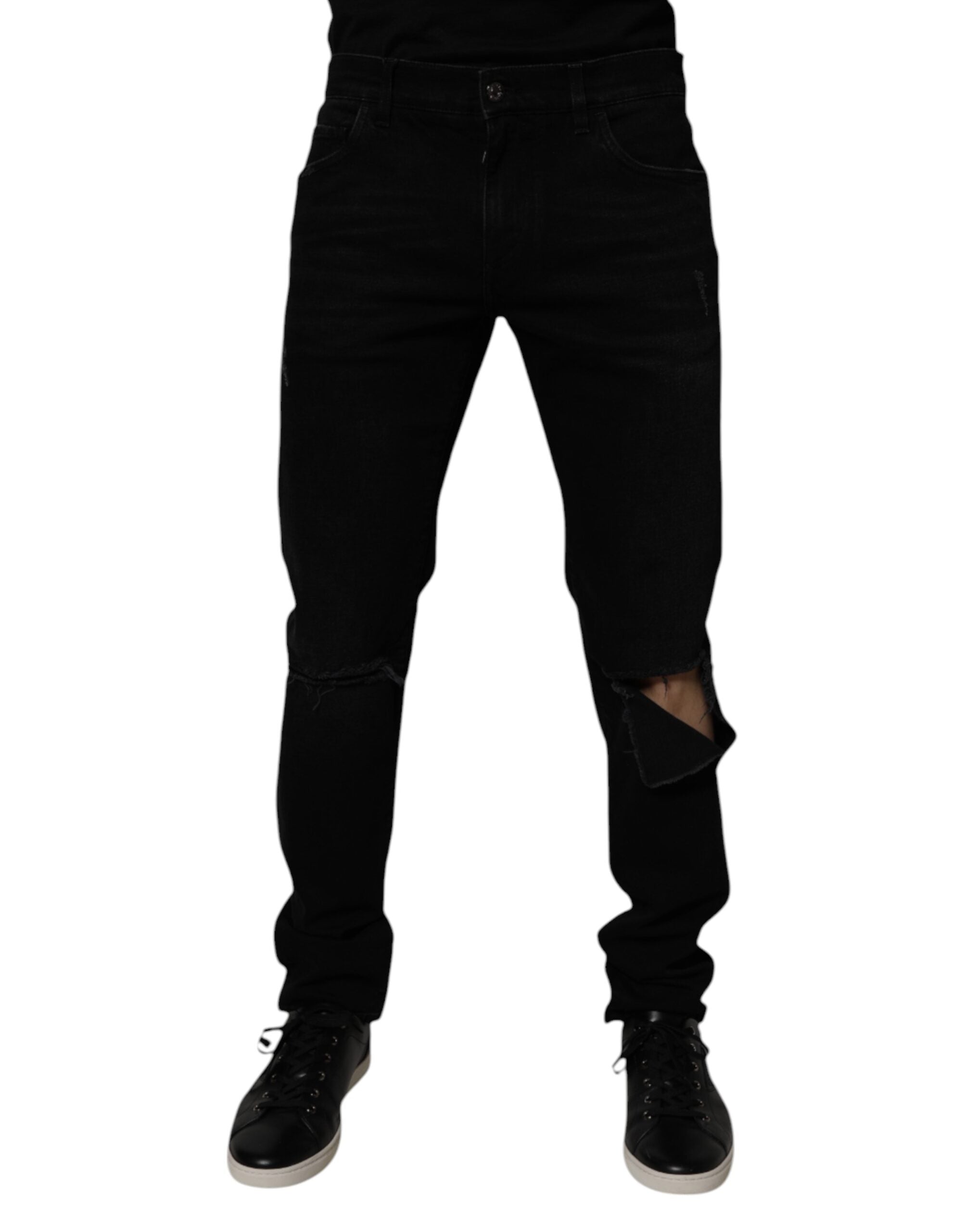 Dolce & Gabbana Black Cotton Tattered Skinny Men Denim Jeans Dolce & Gabbana