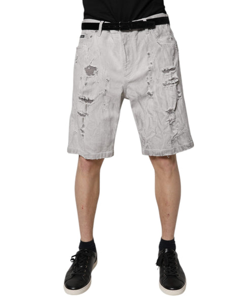 Dolce & Gabbana Light Gray Tattered Men Denim Bermuda Shorts Dolce & Gabbana
